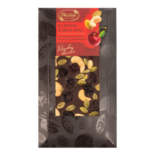 Juodasis šokoladas (75 %) su vyšniomis, moliūgų sėklomis ir anakardžiais